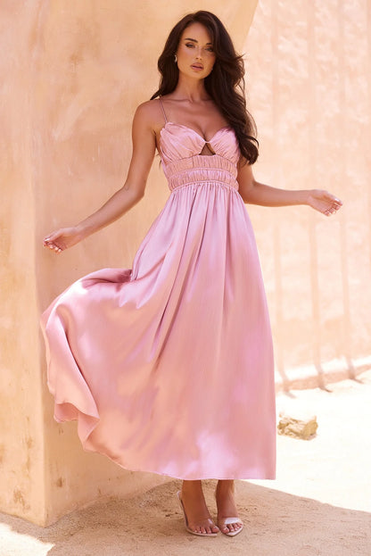 Elegant Spaghetti Strap Cutout Bust Open Back Ruched Satin A Line Maxi Prom Dress For Formal Evening Gala Wedding Guest Bridesmaid Vacation