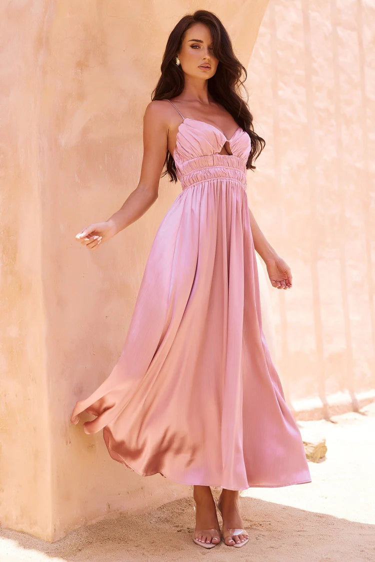 Elegant Spaghetti Strap Cutout Bust Open Back Ruched Satin A Line Maxi Prom Dress For Formal Evening Gala Wedding Guest Bridesmaid Vacation