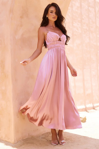 Elegant Spaghetti Strap Cutout Bust Open Back Ruched Satin A Line Maxi Prom Dress For Formal Evening Gala Wedding Guest Bridesmaid Vacation