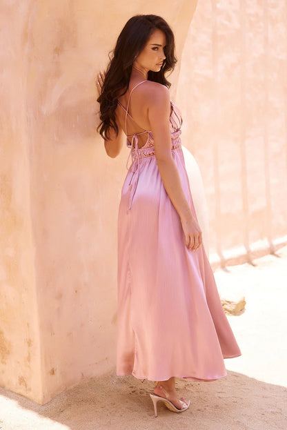 Elegant Spaghetti Strap Cutout Bust Open Back Ruched Satin A Line Maxi Prom Dress For Formal Evening Gala Wedding Guest Bridesmaid Vacation