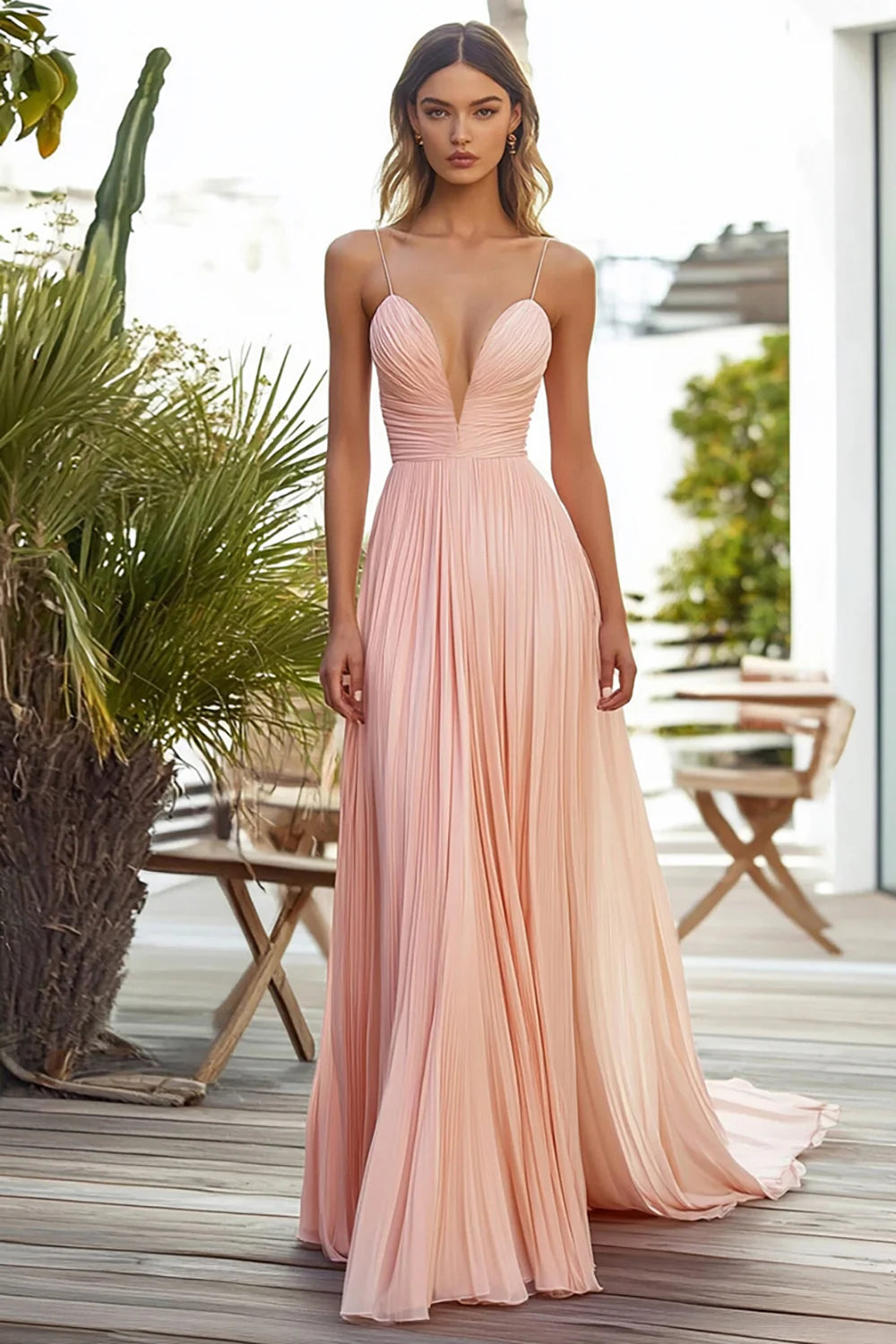 Elegant Spaghetti Strap Deep V Neck Pleated Backless Chiffon Evening Dress