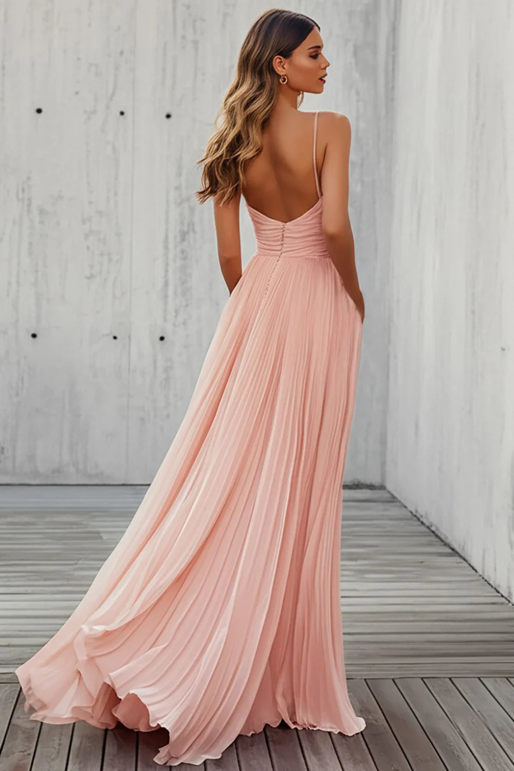 Elegant Spaghetti Strap Deep V Neck Pleated Backless Chiffon Evening Dress