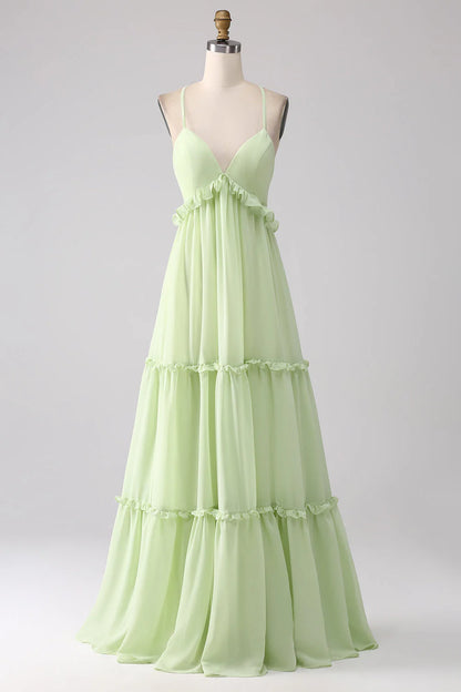 Elegant Spaghetti Strap Deep V Neck Ruffle Tiered Lace-Up Back Chiffon Evening Dress