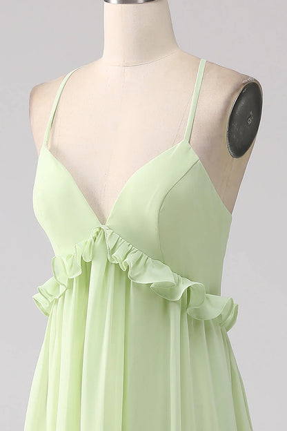 Elegant Spaghetti Strap Deep V Neck Ruffle Tiered Lace-Up Back Chiffon Evening Dress
