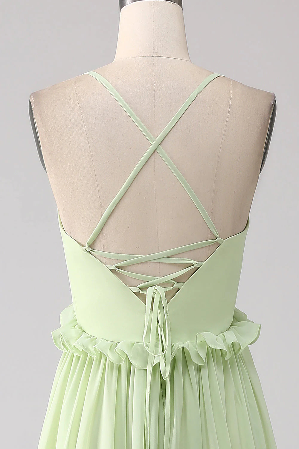 Elegant Spaghetti Strap Deep V Neck Ruffle Tiered Lace-Up Back Chiffon Evening Dress