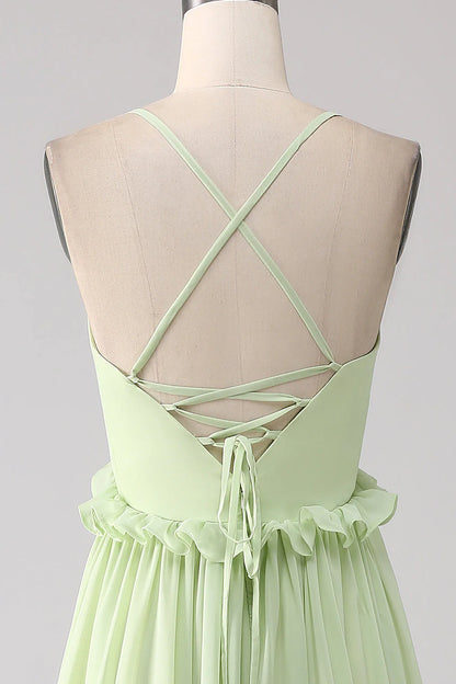 Elegant Spaghetti Strap Deep V Neck Ruffle Tiered Lace-Up Back Chiffon Evening Dress