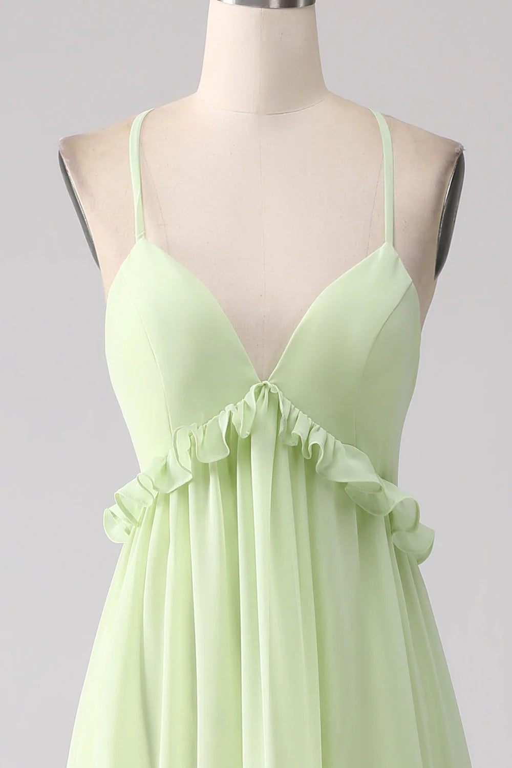 Elegant Spaghetti Strap Deep V Neck Ruffle Tiered Lace-Up Back Chiffon Evening Dress