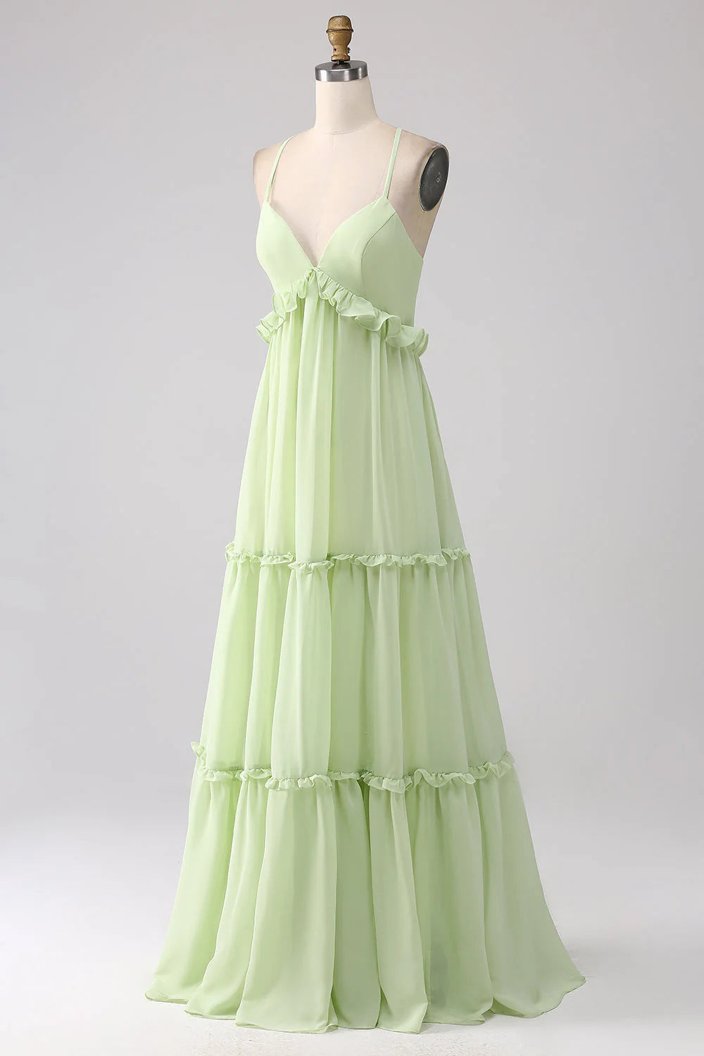 Elegant Spaghetti Strap Deep V Neck Ruffle Tiered Lace-Up Back Chiffon Evening Dress