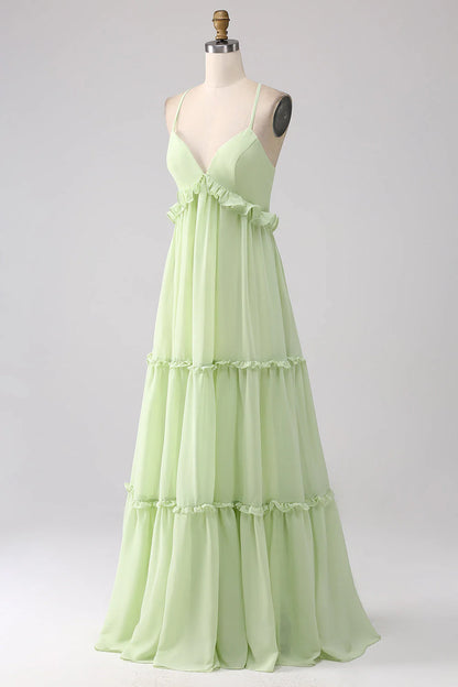 Elegant Spaghetti Strap Deep V Neck Ruffle Tiered Lace-Up Back Chiffon Evening Dress