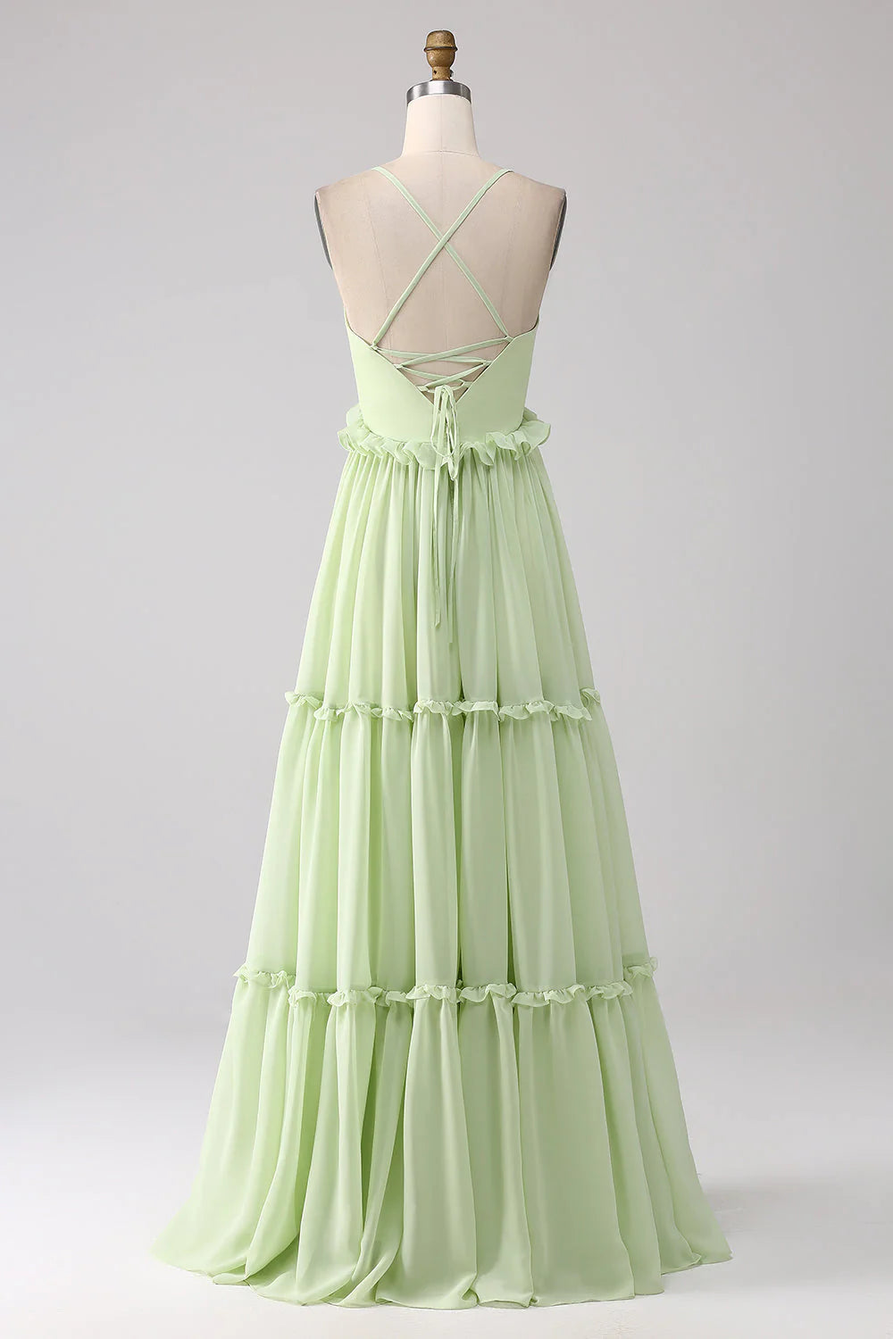 Elegant Spaghetti Strap Deep V Neck Ruffle Tiered Lace-Up Back Chiffon Evening Dress