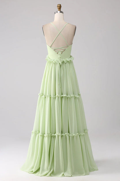 Elegant Spaghetti Strap Deep V Neck Ruffle Tiered Lace-Up Back Chiffon Evening Dress