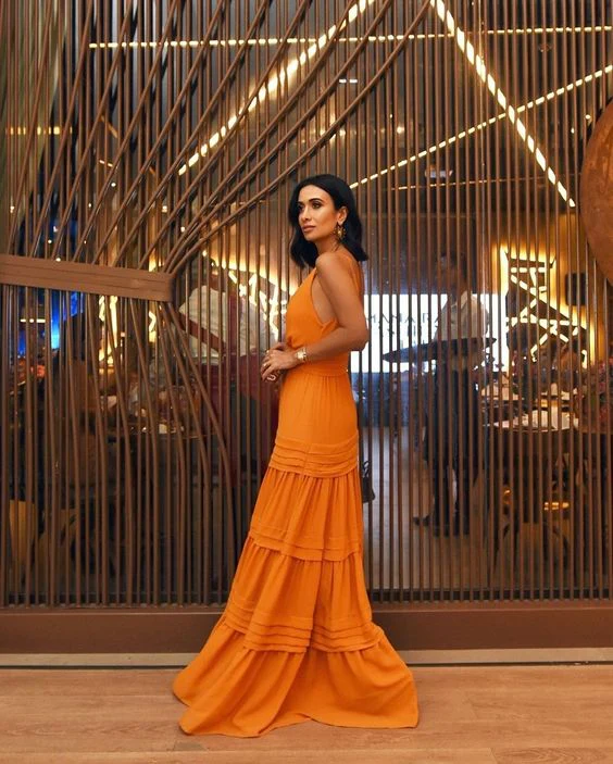 Elegant Spaghetti Strap Deep V Neck Tiered Ruffle Maxi Evening Dress