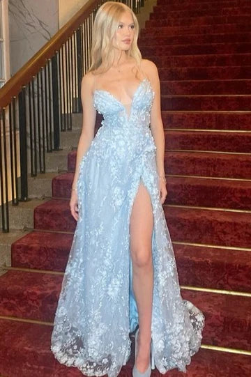 Elegant Spaghetti Strap Deep V Neckline Open Back Lace Up Detail 3D Floral Lace Appliqué High Slit A Line Tulle Evening Dress For Formal Evening Prom Wedding Guest Bridesmaid Gala