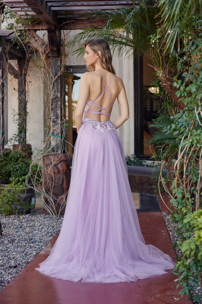 Elegant Spaghetti Strap Deep V Open Back Lace Applique Beaded Tulle A Line Ball Gown Prom Dress For Formal Evening Gala Wedding Guest Bridesmaid