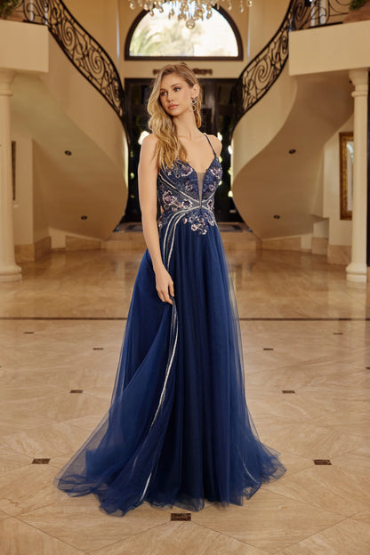 Elegant Spaghetti Strap Deep V Open Back Lace Applique Beaded Tulle A Line Ball Gown Prom Dress For Formal Evening Gala Wedding Guest Bridesmaid