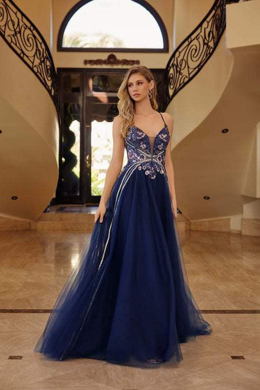 Elegant Spaghetti Strap Deep V Open Back Lace Applique Beaded Tulle A Line Ball Gown Prom Dress For Formal Evening Gala Wedding Guest Bridesmaid