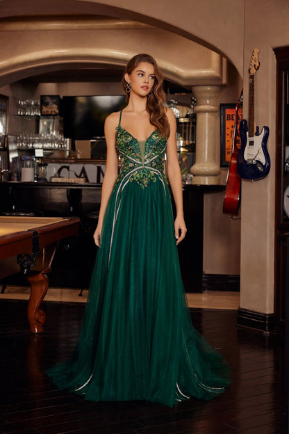 Elegant Spaghetti Strap Deep V Open Back Lace Applique Beaded Tulle A Line Ball Gown Prom Dress For Formal Evening Gala Wedding Guest Bridesmaid