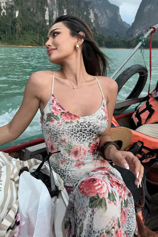 Elegant Spaghetti Strap Floral Leopard Print Mermaid Hem Maxi Prom Dress For Wedding Guest Bridal Shower Formal Evening