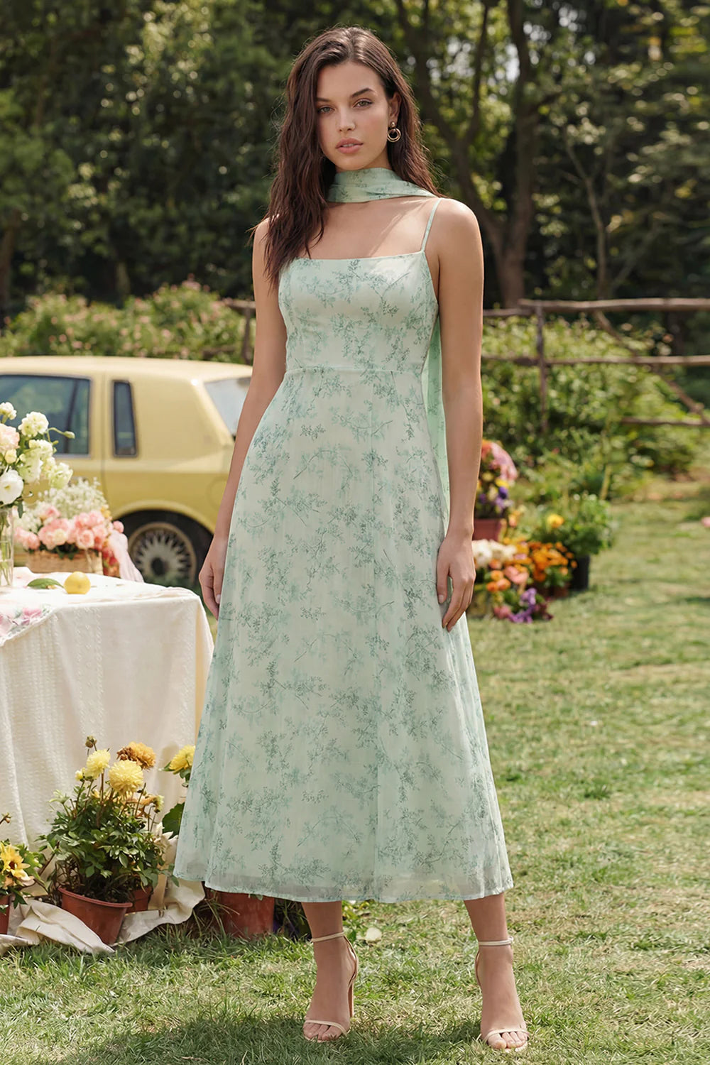 Elegant Spaghetti Strap Halter Neck Floral Print Chiffon Midi Prom Dress