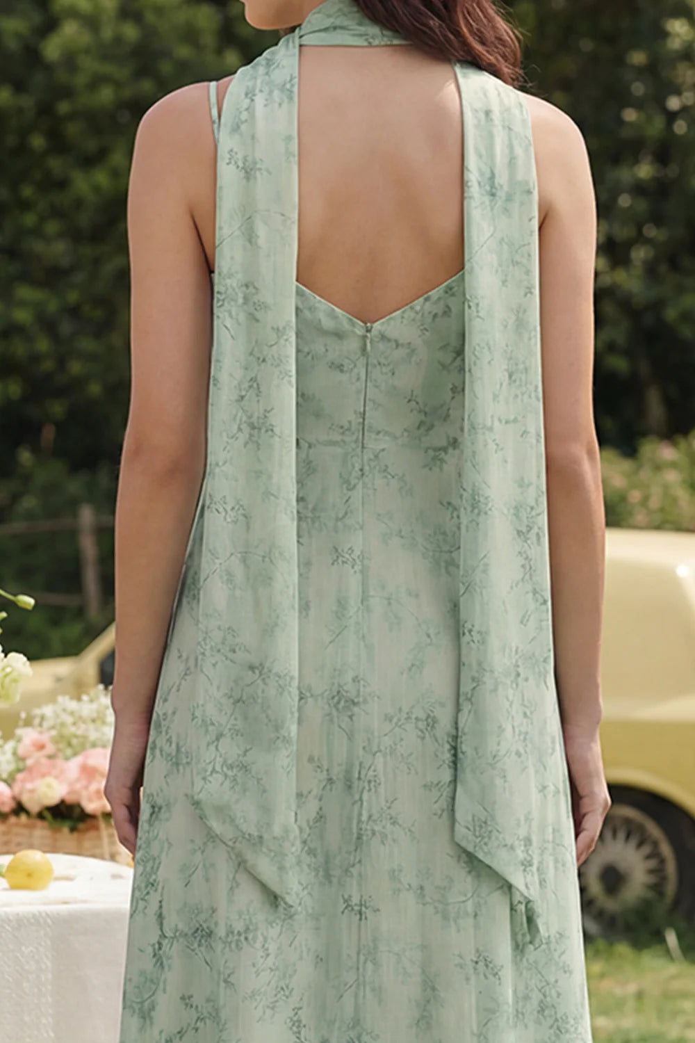 Elegant Spaghetti Strap Halter Neck Floral Print Chiffon Midi Prom Dress