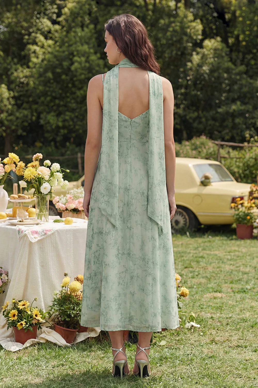 Elegant Spaghetti Strap Halter Neck Floral Print Chiffon Midi Prom Dress