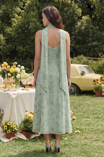 Elegant Spaghetti Strap Halter Neck Floral Print Chiffon Midi Prom Dress