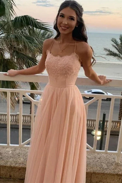 Elegant Spaghetti Strap Lace Applique Open Back Criss Cross Tulle A Line Maxi Prom Dress For Formal Evening Wedding Guest