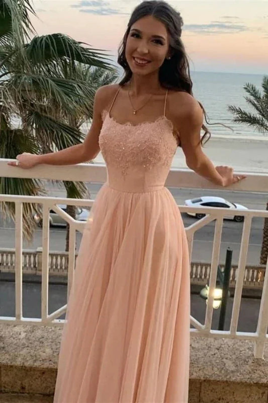 Elegant Spaghetti Strap Lace Applique Open Back Criss Cross Tulle A Line Maxi Prom Dress For Formal Evening Wedding Guest