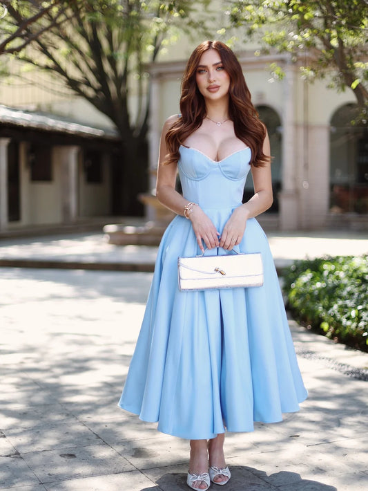 Elegant Spaghetti Strap Lace Trim Bustier Satin A-Line Midi Prom Dress