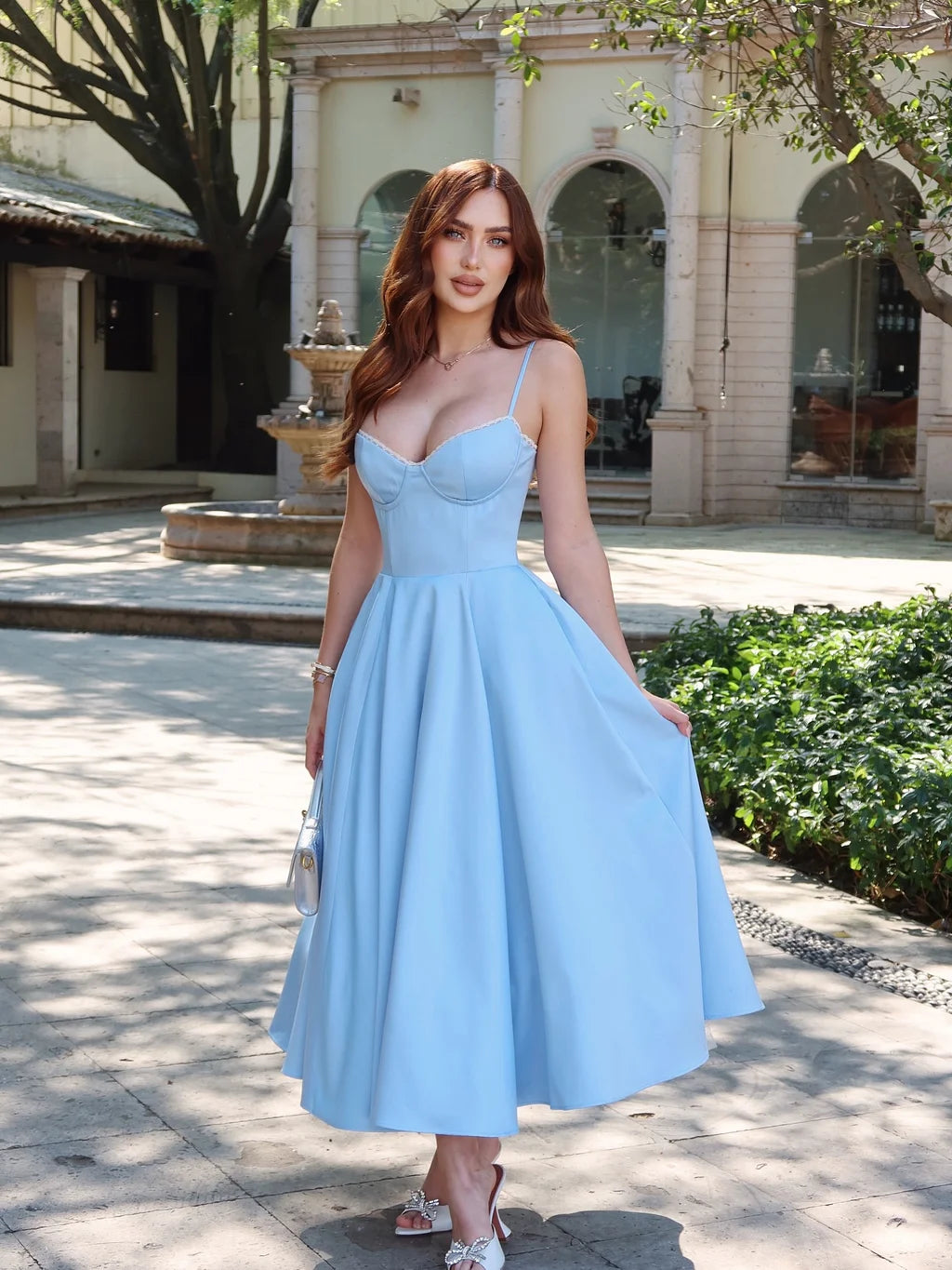 Elegant Spaghetti Strap Lace Trim Bustier Satin A-Line Midi Prom Dress