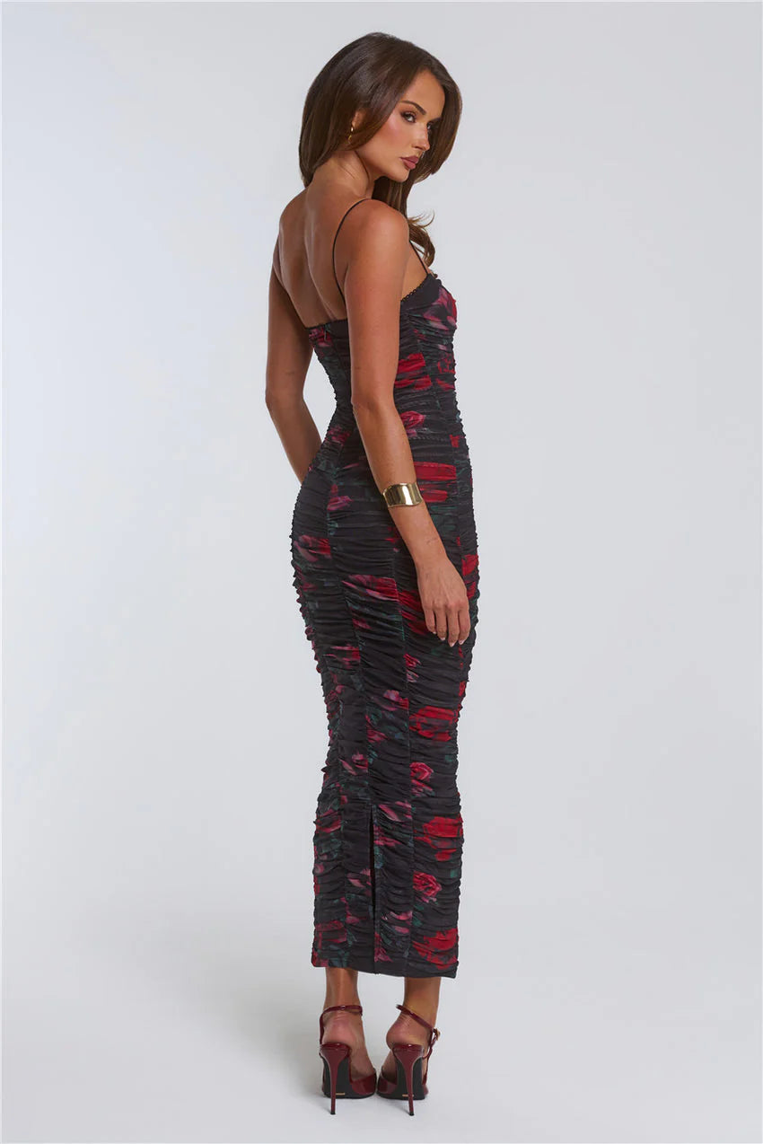 Elegant Spaghetti Strap Lace Trim Open Back Rose Floral Print Ruched Bodycon Maxi Evening Dress For Formal Evening Prom Wedding Guest Bridesmaid Cocktail Party Gala