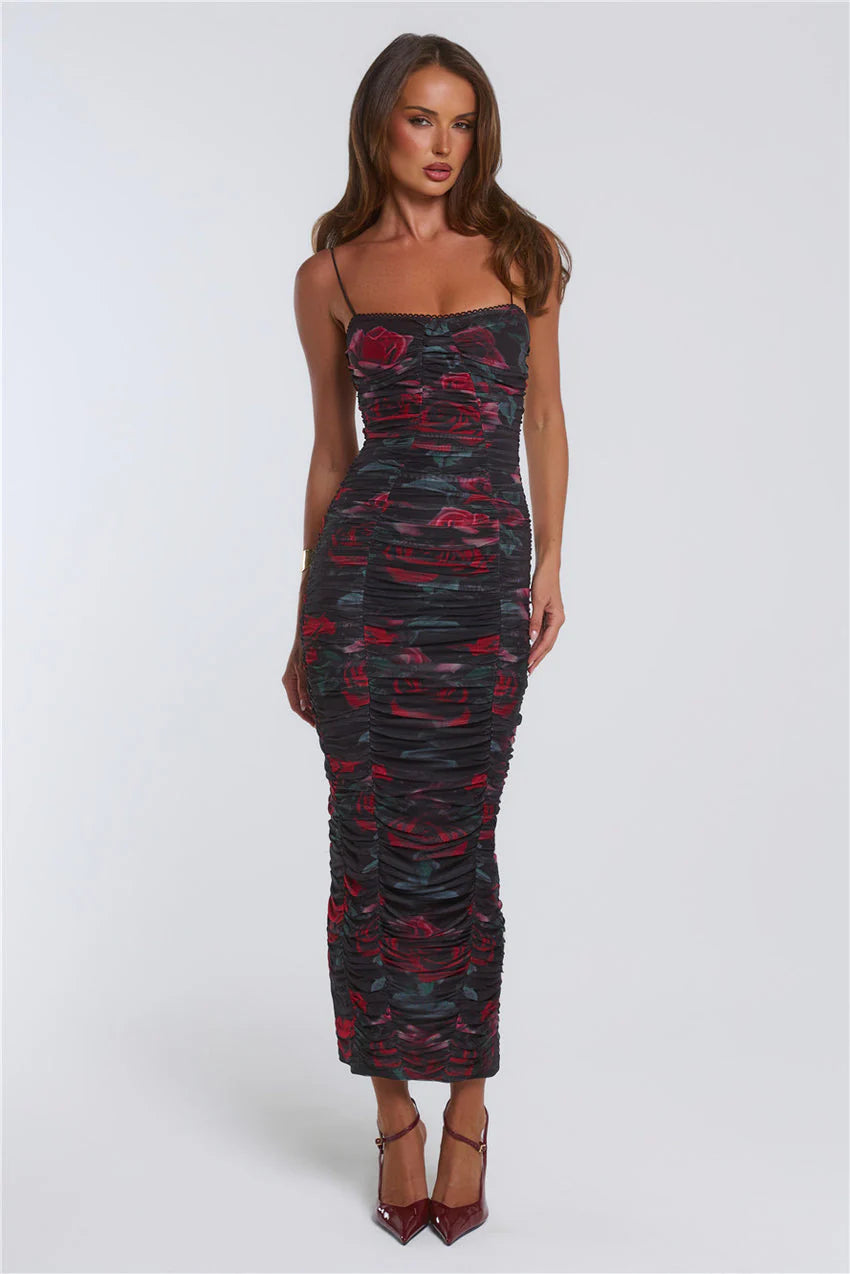 Elegant Spaghetti Strap Lace Trim Open Back Rose Floral Print Ruched Bodycon Maxi Evening Dress For Formal Evening Prom Wedding Guest Bridesmaid Cocktail Party Gala