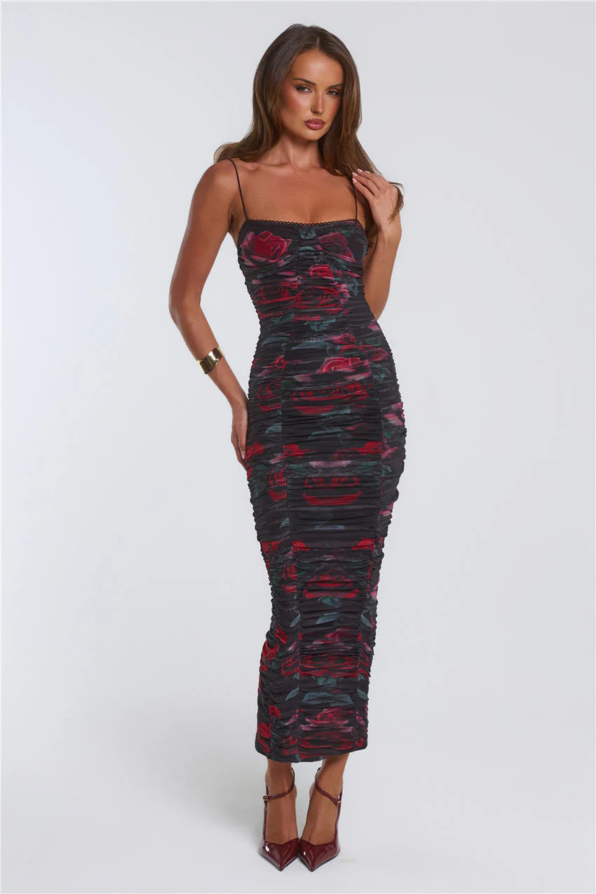 Elegant Spaghetti Strap Lace Trim Open Back Rose Floral Print Ruched Bodycon Maxi Evening Dress For Formal Evening Prom Wedding Guest Bridesmaid Cocktail Party Gala