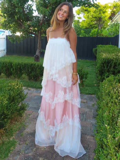 Elegant Spaghetti Strap Lace Trim Tiered Color Block Maxi Prom Dress For Formal Evening Gala Wedding Guest Bridesmaid