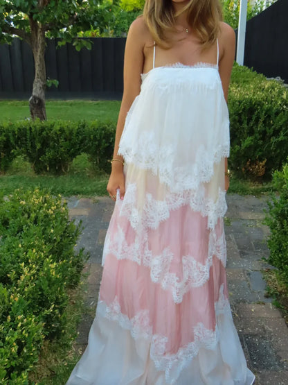Elegant Spaghetti Strap Lace Trim Tiered Color Block Maxi Prom Dress For Formal Evening Gala Wedding Guest Bridesmaid