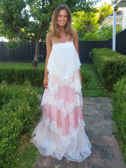 Elegant Spaghetti Strap Lace Trim Tiered Color Block Maxi Prom Dress For Formal Evening Gala Wedding Guest Bridesmaid