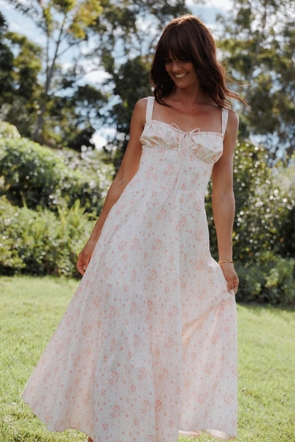 Elegant Spaghetti Strap Lace Up Back Floral Print A-Line Maxi Prom Dress For Formal Evening Wedding Guest Bridesmaid Cocktail Party