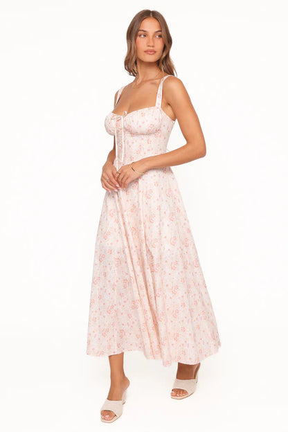 Elegant Spaghetti Strap Lace Up Back Floral Print A-Line Maxi Prom Dress For Formal Evening Wedding Guest Bridesmaid Cocktail Party