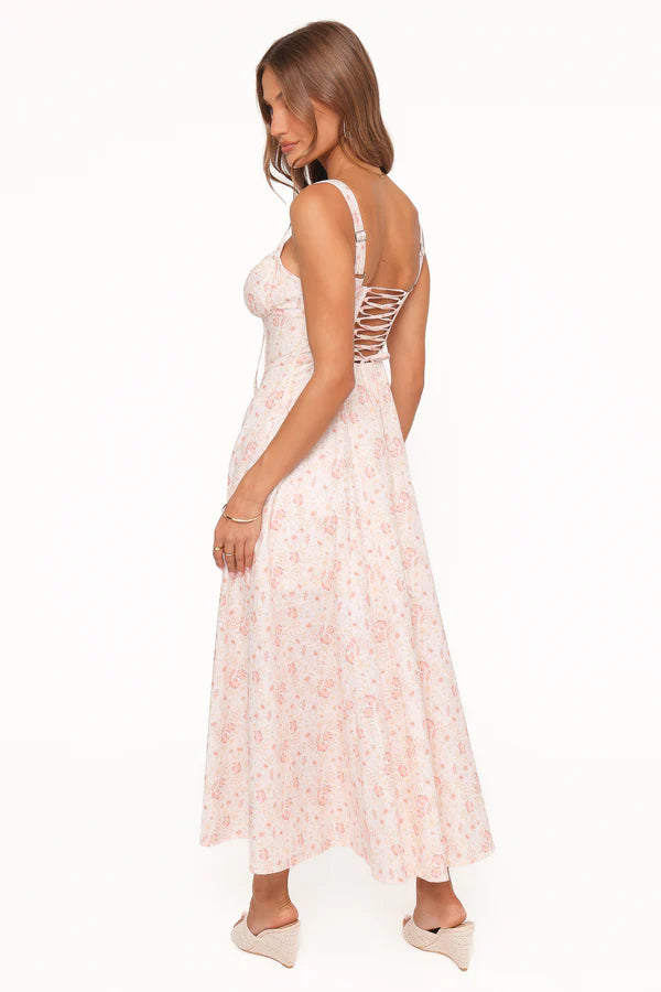 Elegant Spaghetti Strap Lace Up Back Floral Print A-Line Maxi Prom Dress For Formal Evening Wedding Guest Bridesmaid Cocktail Party