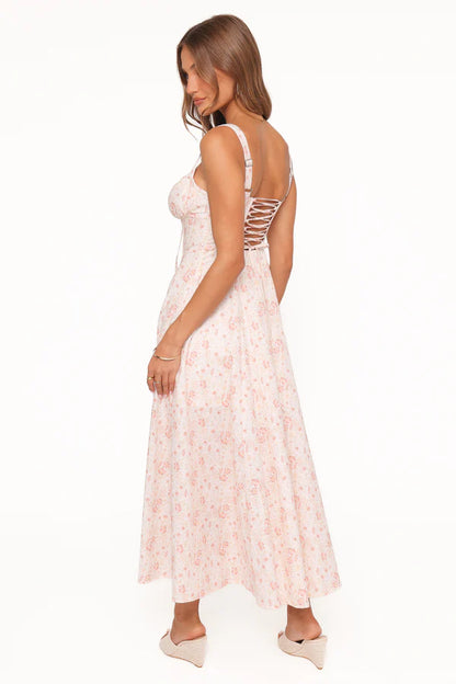 Elegant Spaghetti Strap Lace Up Back Floral Print A-Line Maxi Prom Dress For Formal Evening Wedding Guest Bridesmaid Cocktail Party