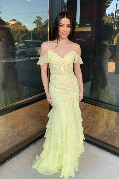 Elegant Spaghetti Strap Off The Shoulder Ruffle Sleeve Lace Applique Tiered Ruffle Mermaid Maxi Prom Dress For Formal Evening Wedding Guest