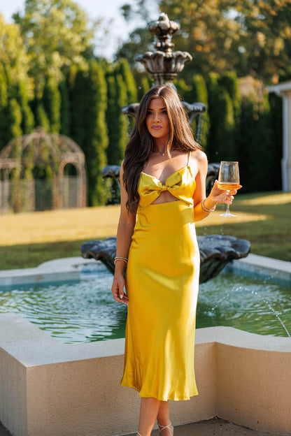 Elegant Spaghetti Strap Open Back Bow Detail Cutout Satin Midi Prom Dress For Wedding Guest Bridal Shower Formal Evening