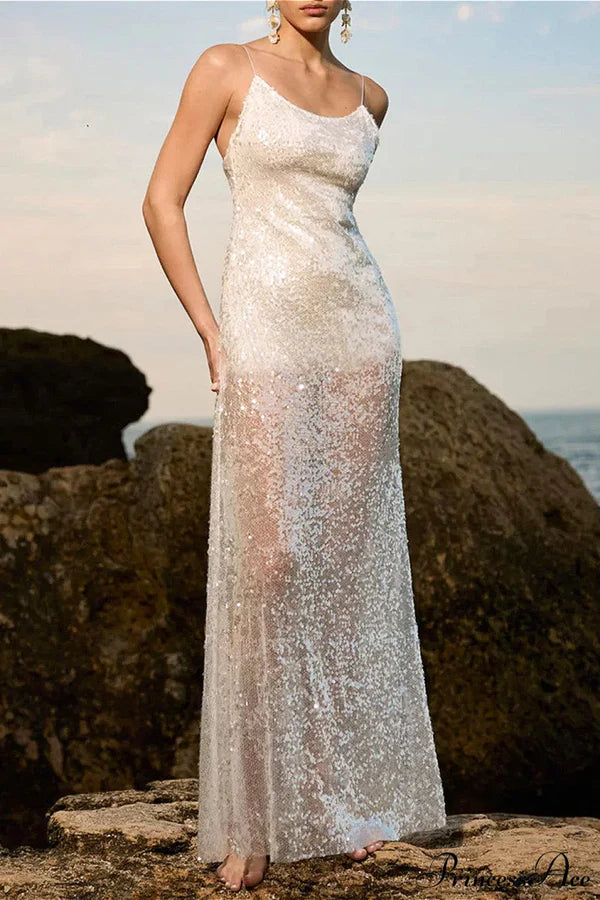 Elegant Spaghetti Strap Open Back Sheer Sequin Bodycon Maxi Prom Dress For Wedding Guest Bridal Shower Formal Evening
