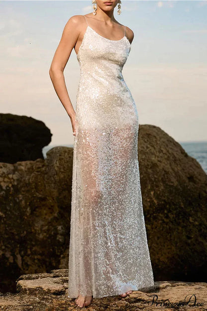 Elegant Spaghetti Strap Open Back Sheer Sequin Bodycon Maxi Prom Dress For Wedding Guest Bridal Shower Formal Evening