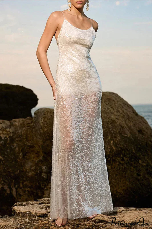 Elegant Spaghetti Strap Open Back Sheer Sequin Bodycon Maxi Prom Dress For Wedding Guest Bridal Shower Formal Evening