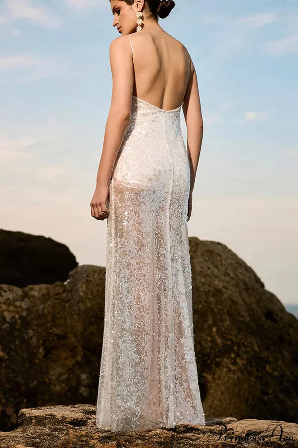 Elegant Spaghetti Strap Open Back Sheer Sequin Bodycon Maxi Prom Dress For Wedding Guest Bridal Shower Formal Evening