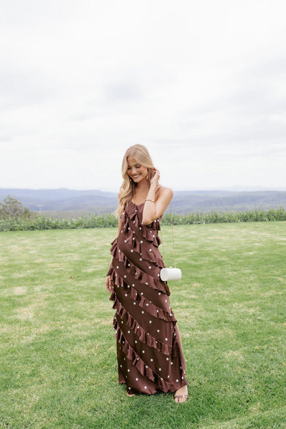 Elegant Spaghetti Strap Polka Dot Ruffle Detail Satin Maxi Prom Dress With Slit For Formal Evening Wedding Guest Bridesmaid Cocktail Party