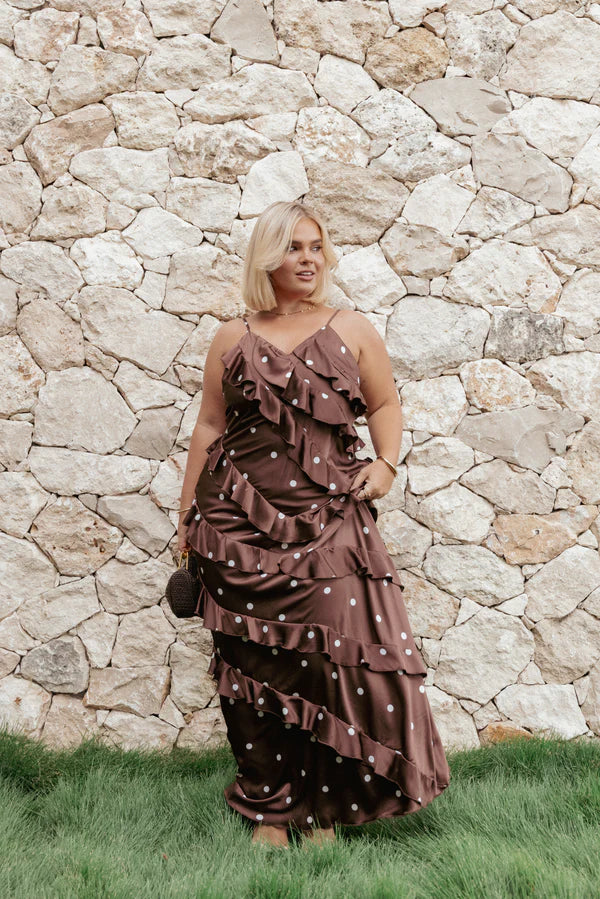 Elegant Spaghetti Strap Polka Dot Ruffle Detail Satin Maxi Prom Dress With Slit For Formal Evening Wedding Guest Bridesmaid Cocktail Party