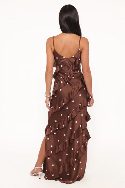 Elegant Spaghetti Strap Polka Dot Ruffle Detail Satin Maxi Prom Dress With Slit For Formal Evening Wedding Guest Bridesmaid Cocktail Party