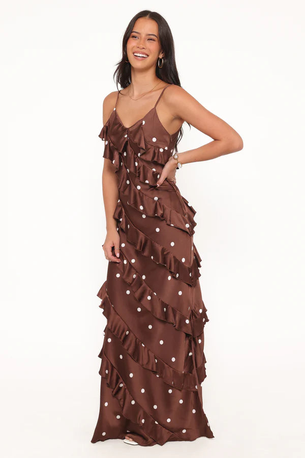 Elegant Spaghetti Strap Polka Dot Ruffle Detail Satin Maxi Prom Dress With Slit For Formal Evening Wedding Guest Bridesmaid Cocktail Party